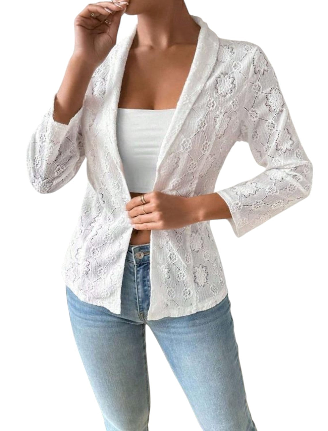 Natalie - Blazer elegant cu față deschisă din dantelă cu model floral și mâneci trei sferturi