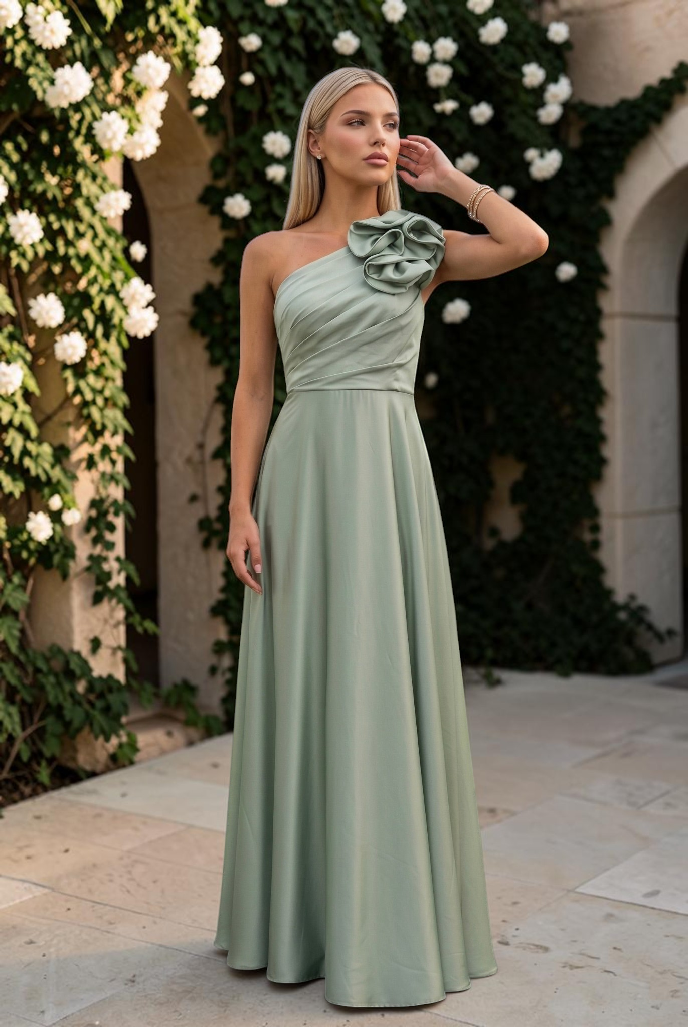 Robe longue élégante à une épaule avec accent floral
