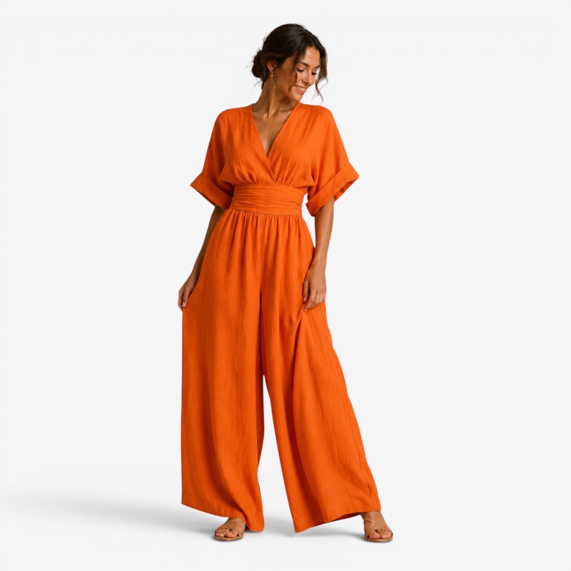 Combinaison pantalon large pour femme avec col en V