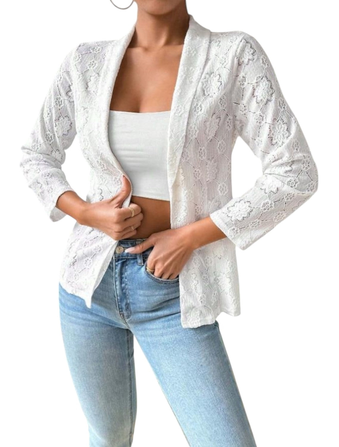Natalie - Blazer elegant cu față deschisă din dantelă cu model floral și mâneci trei sferturi