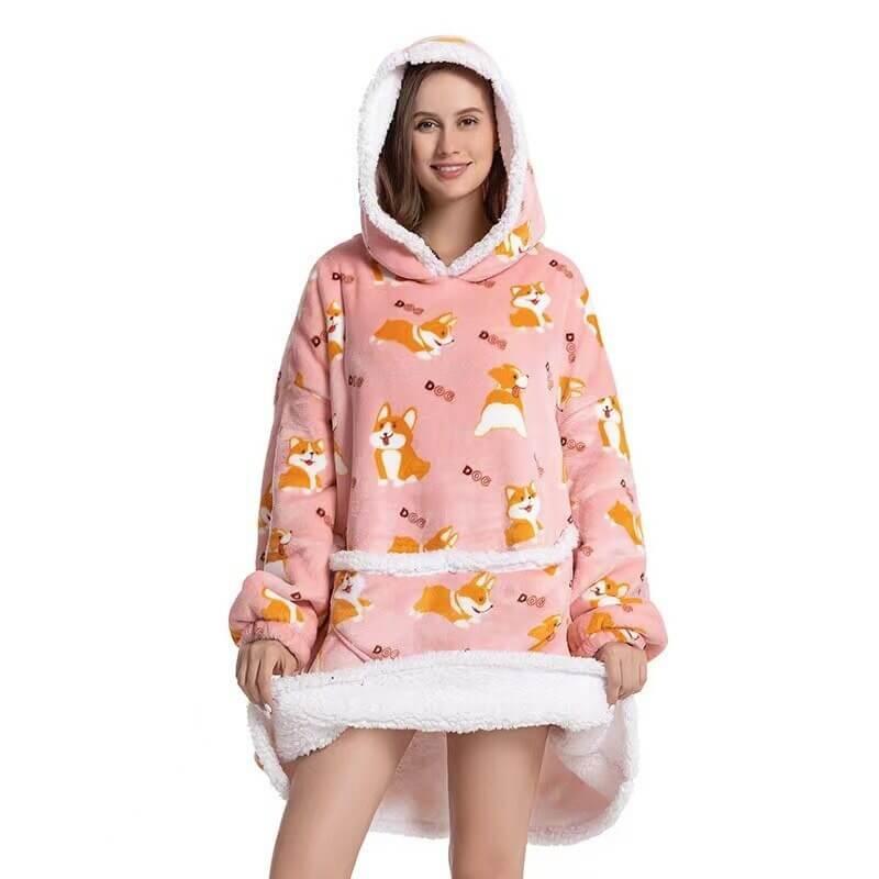 FlipWarm - Oversized Fleece Hoodie Blanket With Corgi Print