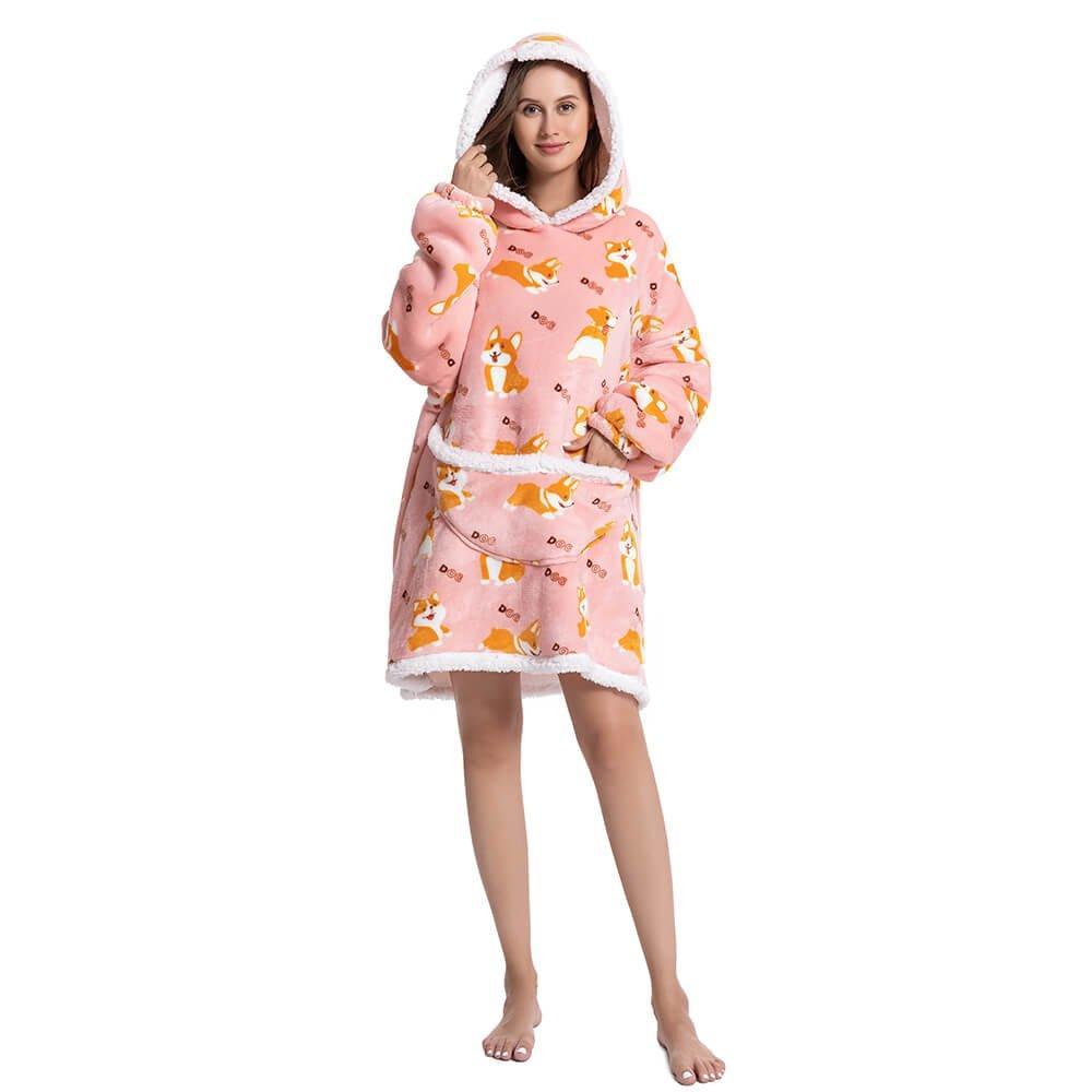 FlipWarm - Oversized Fleece Hoodie Blanket With Corgi Print