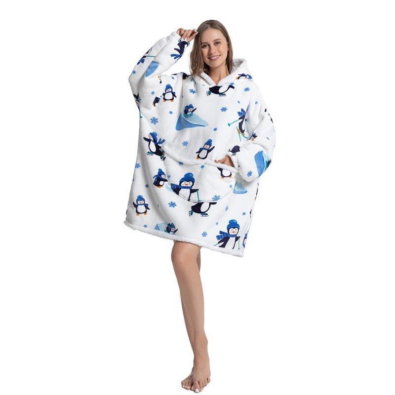 PinguHood - Oversized Fleece Hoodie Blanket With Penguin Print