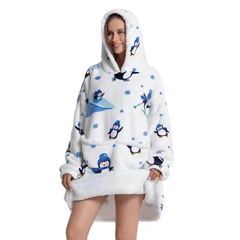 PinguHood - Oversized Fleece Hoodie Blanket With Penguin Print