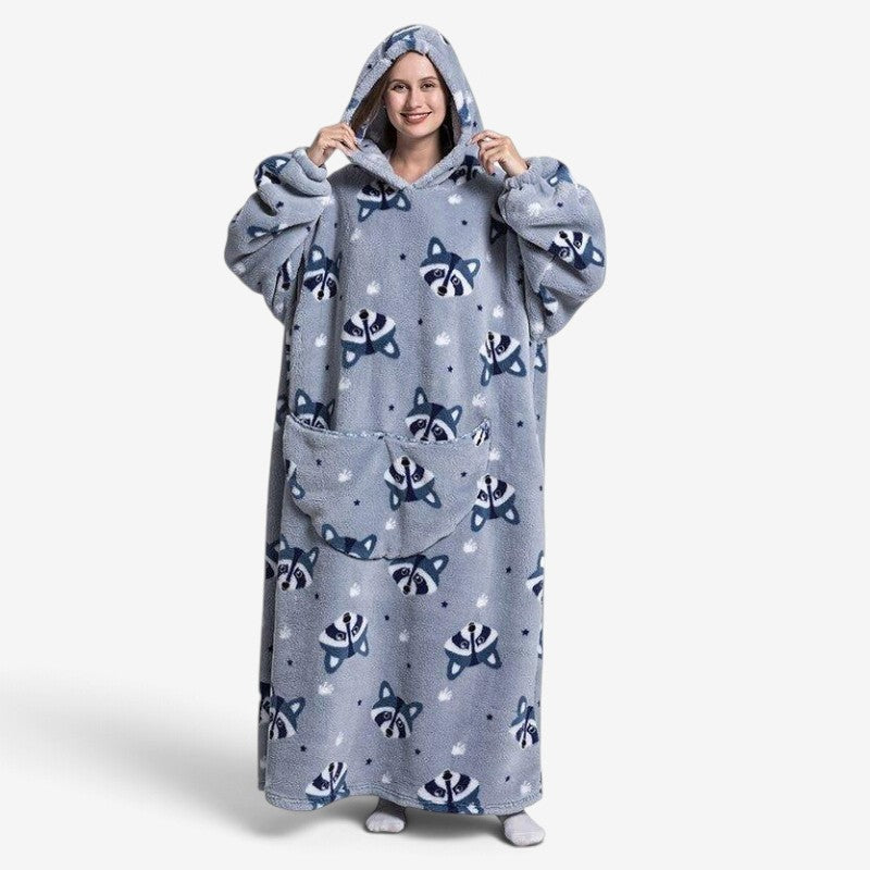 ReversaWarm - Extra Long Fleece Hoodie Blanket With Raccoon Design