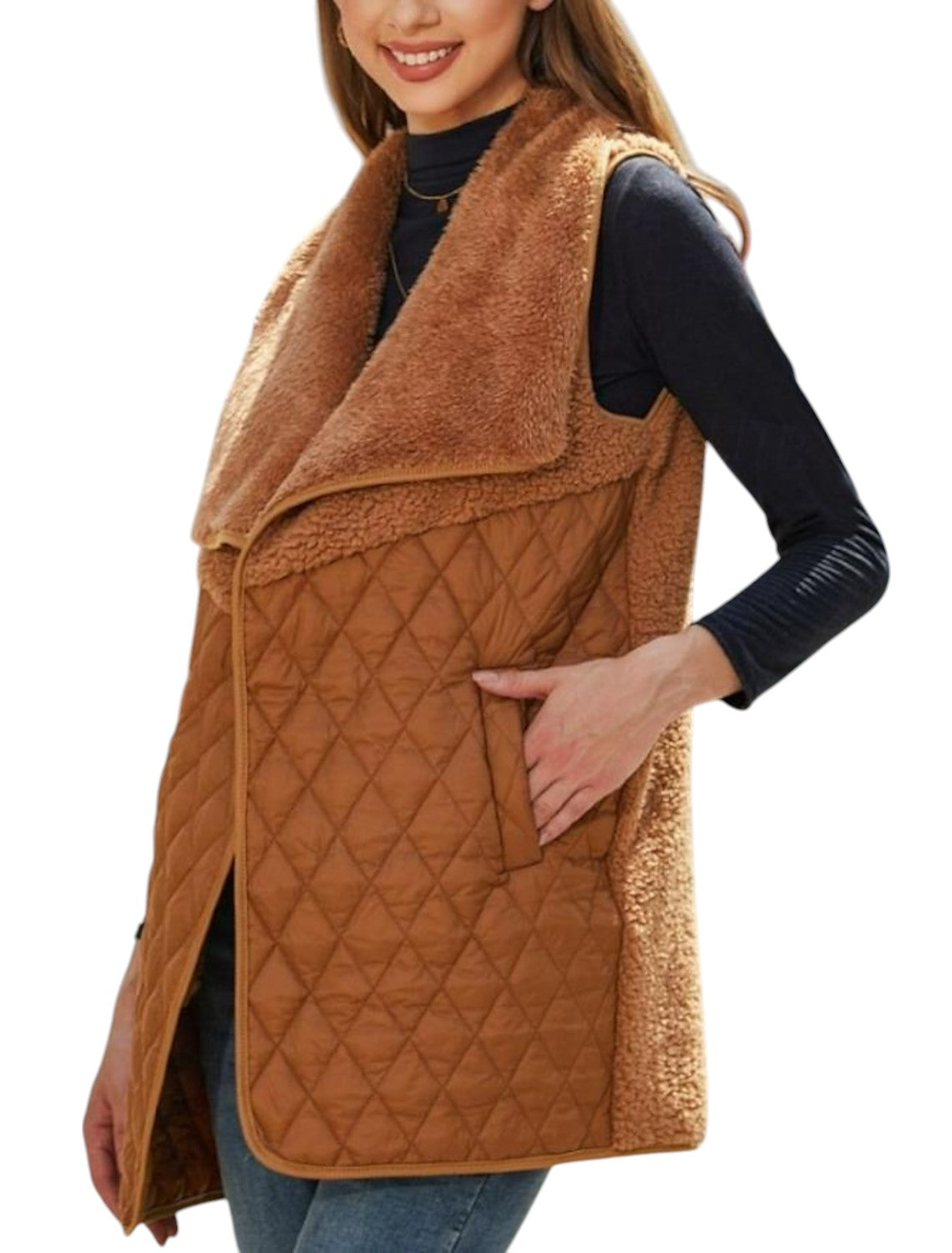 Vanessa - Stylish Quilted Vest with Wide Draped Collar and Open Front