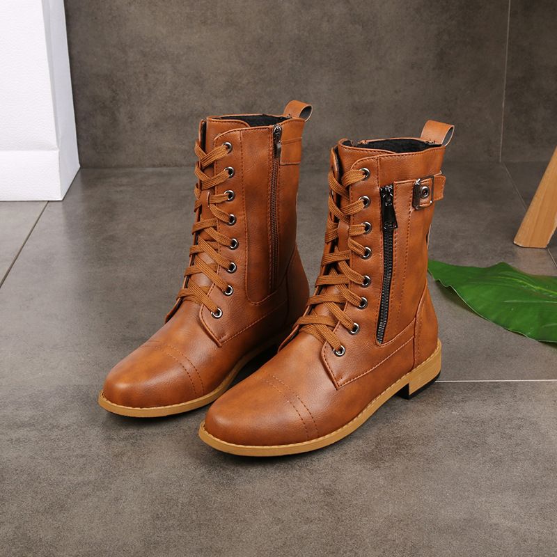 ZipStride - Women's Leather Boots With Round Toe And Side Zipper