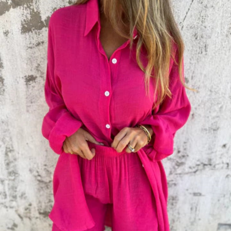 Daphne - Set elegant din două piese cu cămașă cu mâneci lungi și pantaloni scurți cu talie elastică