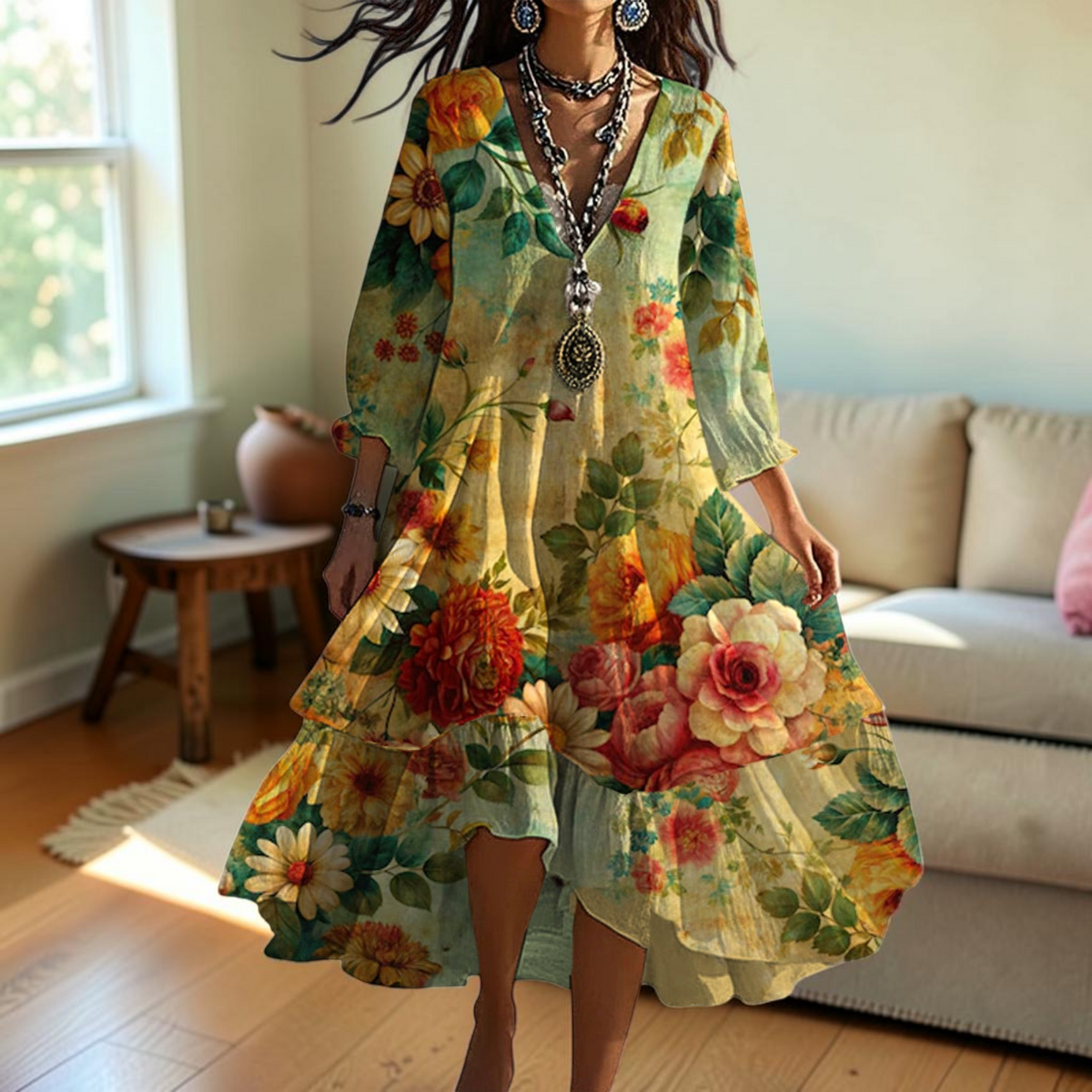Floravia – Floral Midi Dress with V-Neck and Long Sleeves