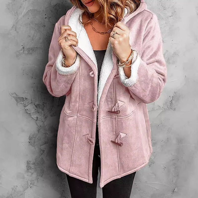 SuedeTherm - Cappotto con cappuccio da donna in finta pelle scamosciata e fodera in pile