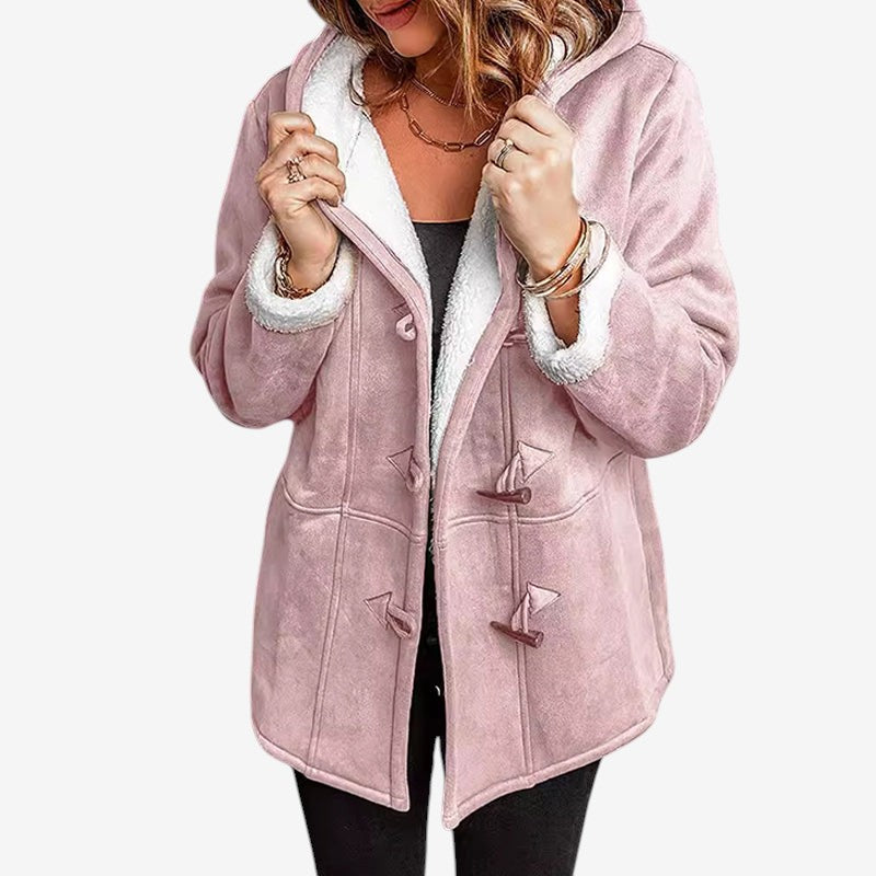 SuedeTherm - Cappotto con cappuccio da donna in finta pelle scamosciata e fodera in pile