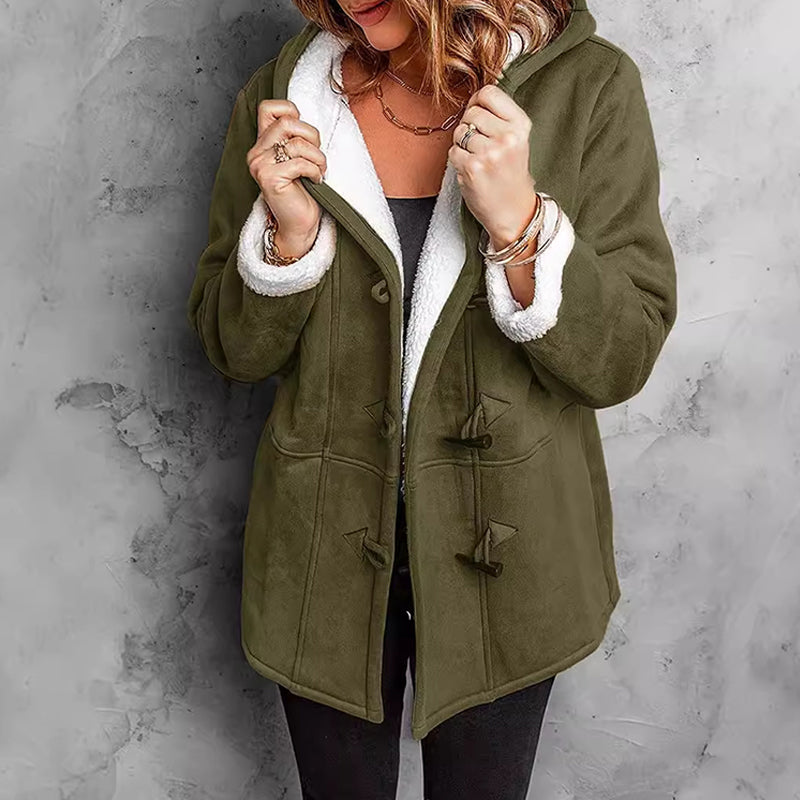SuedeTherm - Cappotto con cappuccio da donna in finta pelle scamosciata e fodera in pile