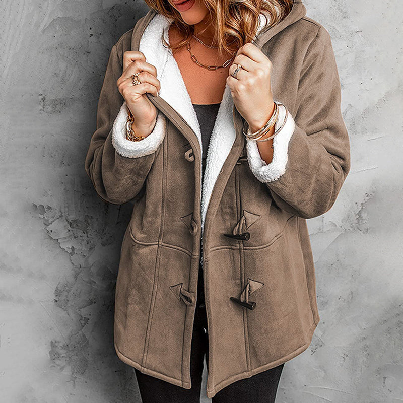 SuedeTherm - Cappotto con cappuccio da donna in finta pelle scamosciata e fodera in pile