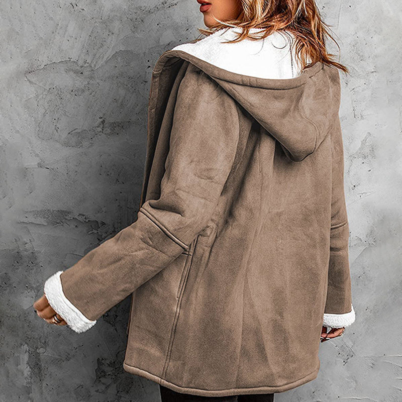 SuedeTherm - Cappotto con cappuccio da donna in finta pelle scamosciata e fodera in pile