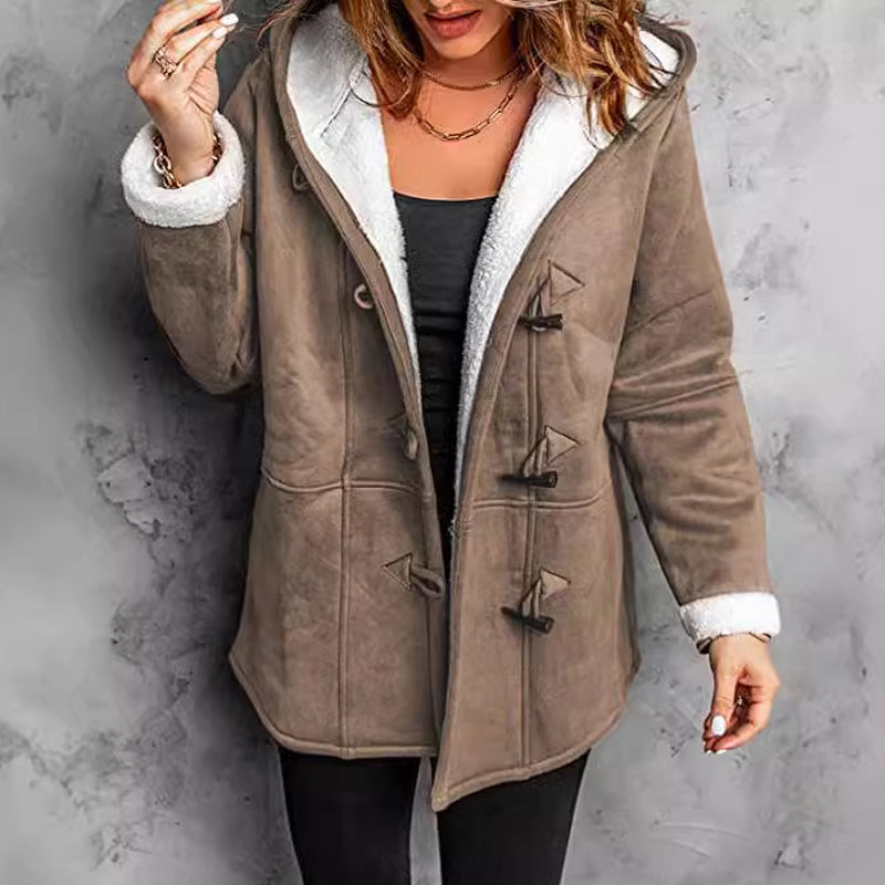 SuedeTherm - Cappotto con cappuccio da donna in finta pelle scamosciata e fodera in pile