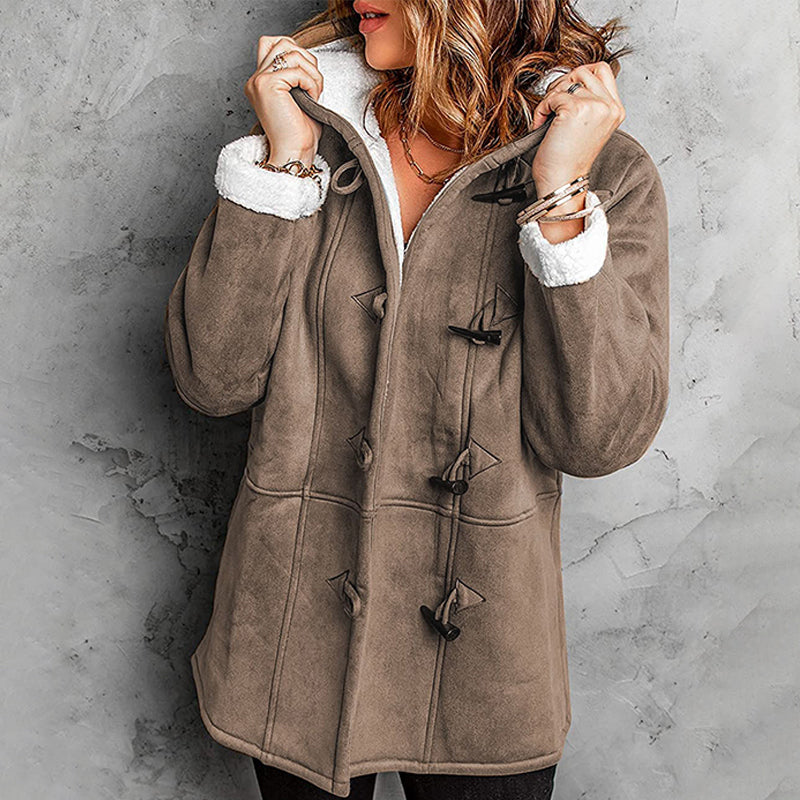 SuedeTherm - Cappotto con cappuccio da donna in finta pelle scamosciata e fodera in pile