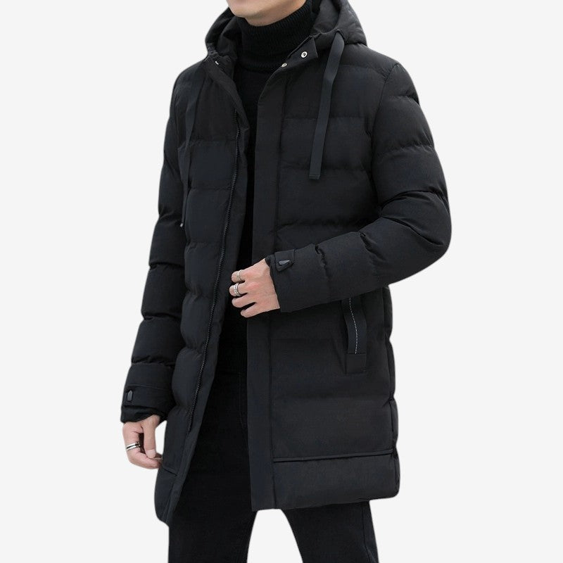 HoodFlex - Men's Mid-Length Hooded Puffer Coat With Zipper Pockets