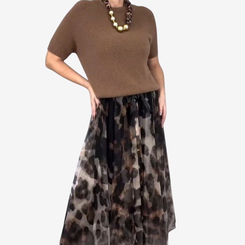 LeopardKnit – Ensemble deux pièces avec haut en maille et jupe à imprimé léopard
