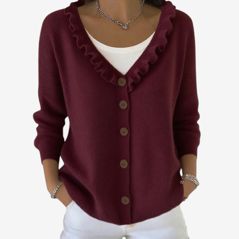 ScallopKnit – Knitted Cardigan with Ruffled Collar and Button-Front Closure