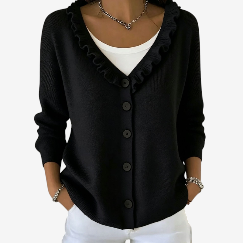 ScallopKnit – Knitted Cardigan with Ruffled Collar and Button-Front Closure