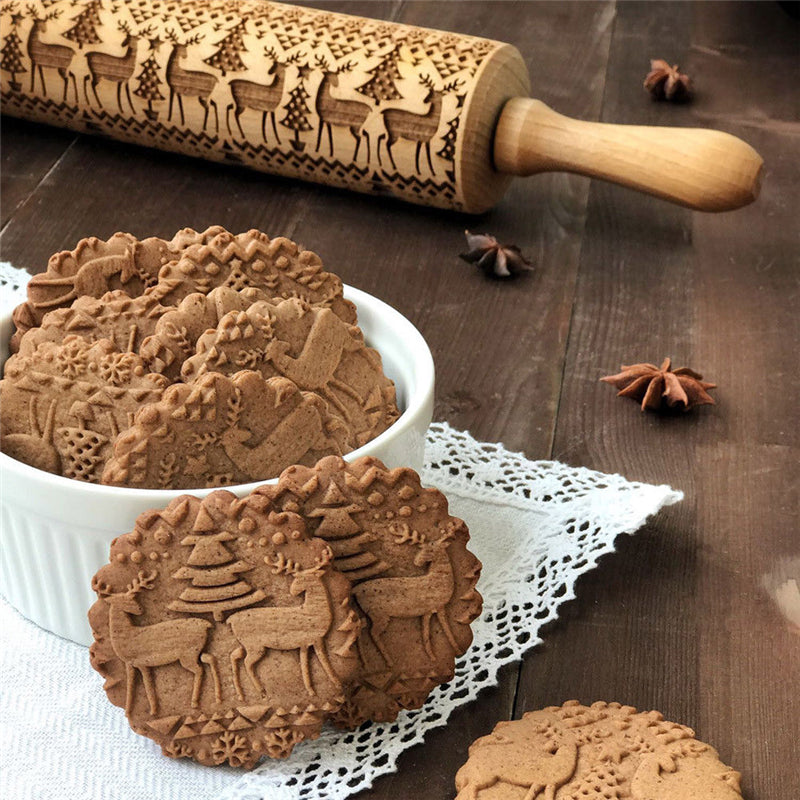 FestiveRoll - Rouleau à pâtisserie en bois gravé de motifs de Noël