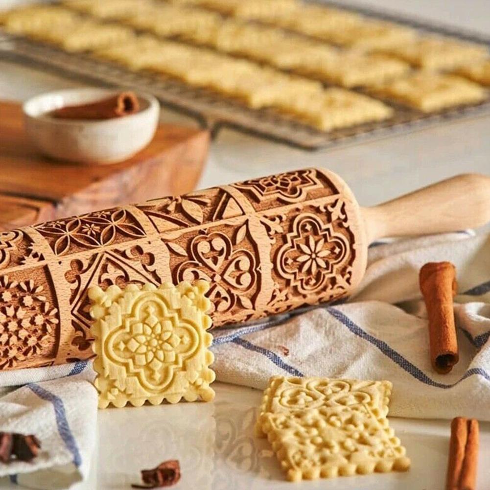 FestiveRoll - Rouleau à pâtisserie en bois gravé de motifs de Noël
