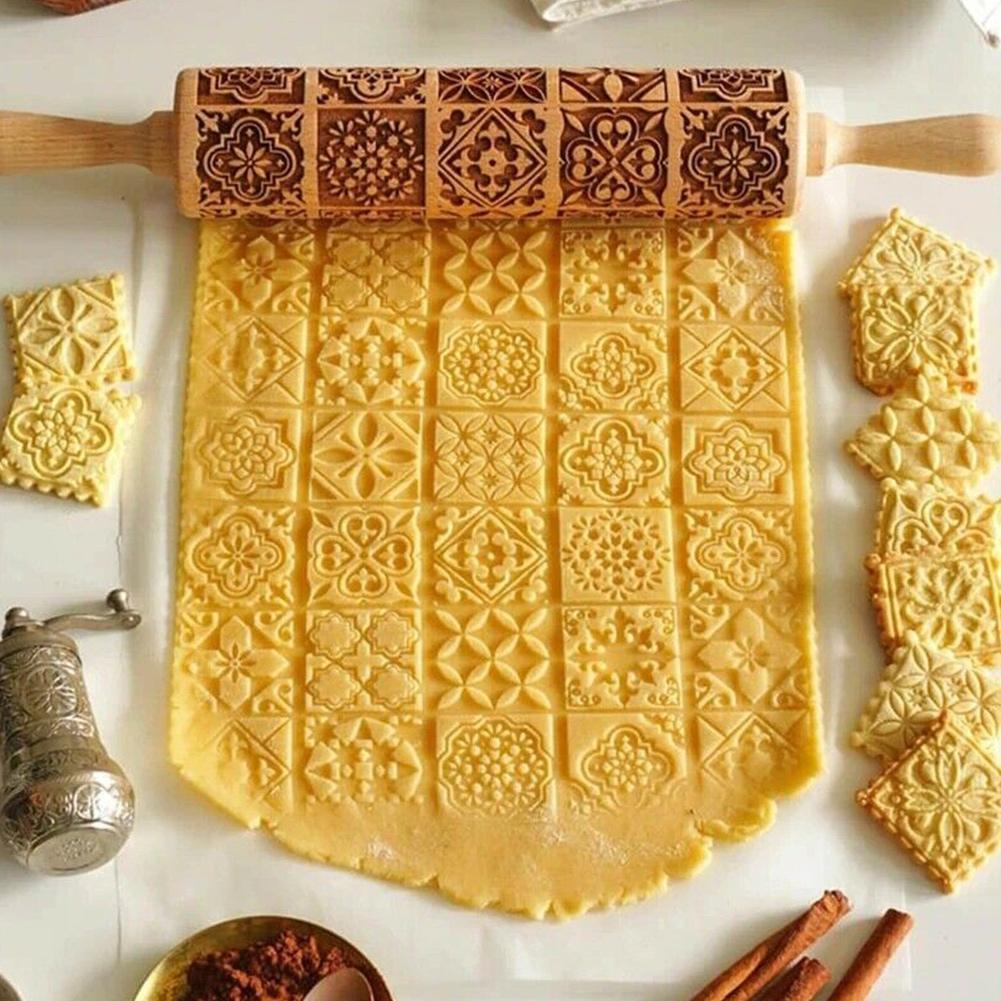 FestiveRoll - Rouleau à pâtisserie en bois gravé de motifs de Noël