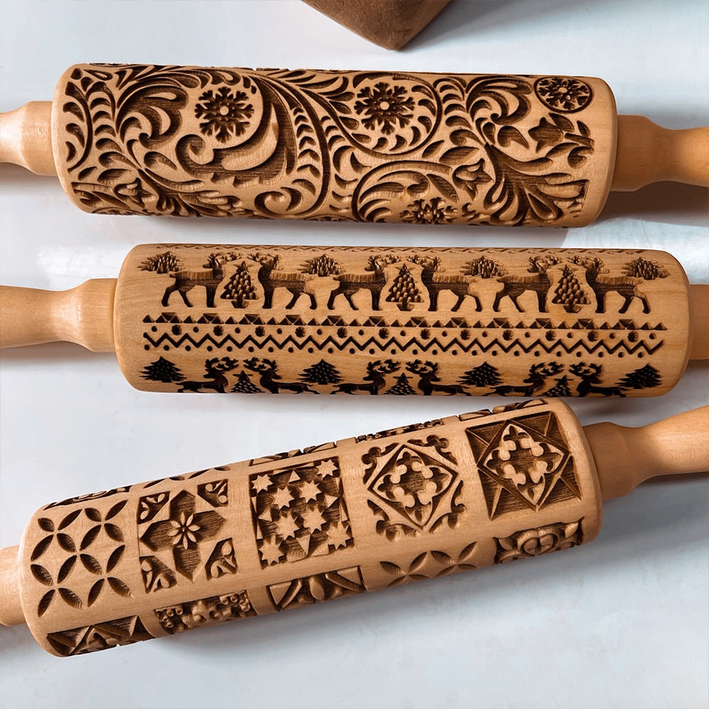 FestiveRoll - Rouleau à pâtisserie en bois gravé de motifs de Noël