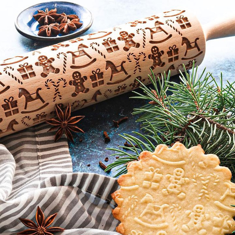 FestiveRoll - Rouleau à pâtisserie en bois gravé de motifs de Noël