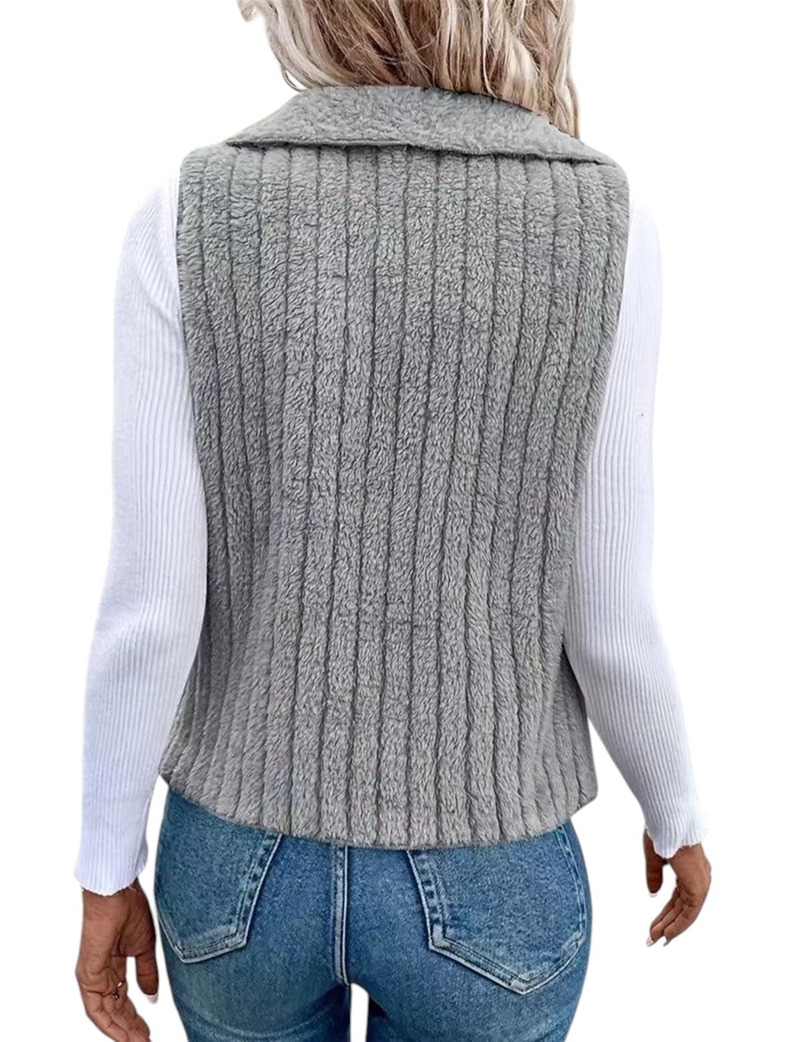 Mira – Stylish sleeveless teddy vest with draped collar and ribbed look