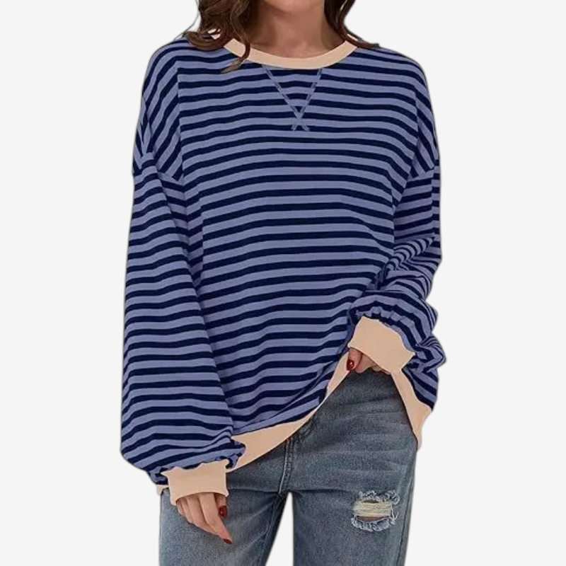 StripeCross – Oversized Striped Sweater with Round Neck and Cross-Stitch Detail
