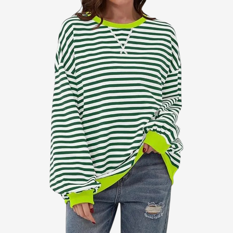 StripeCross – Oversized Striped Sweater with Round Neck and Cross-Stitch Detail