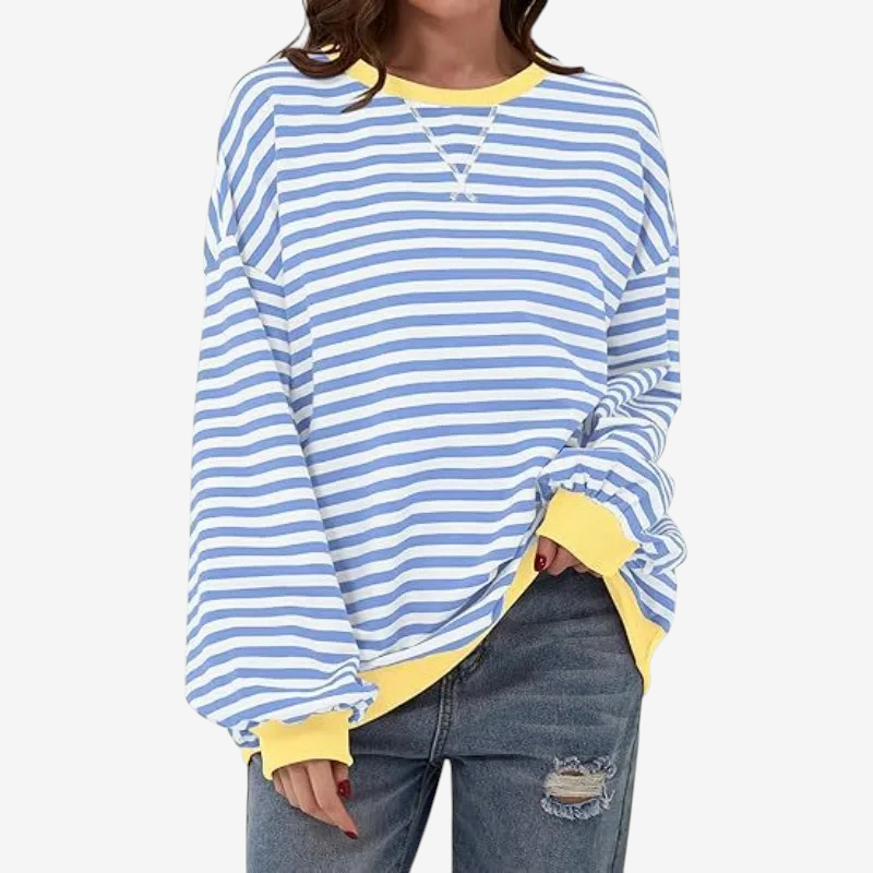 StripeCross – Oversized Striped Sweater with Round Neck and Cross-Stitch Detail