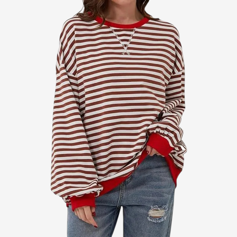 StripeCross – Oversized Striped Sweater with Round Neck and Cross-Stitch Detail