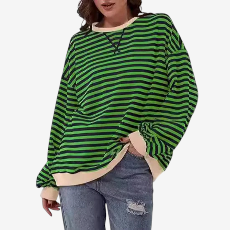 StripeCross – Oversized Striped Sweater with Round Neck and Cross-Stitch Detail
