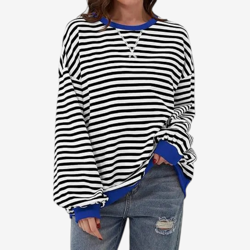 StripeCross – Oversized Striped Sweater with Round Neck and Cross-Stitch Detail