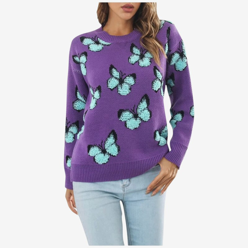 Mila – Maglione a maniche lunghe con scollo rotondo e ricamo a farfalla