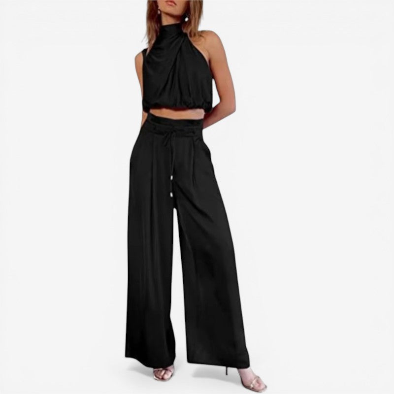 Set damă cu bluză cu guler înalt și pantaloni evazați
