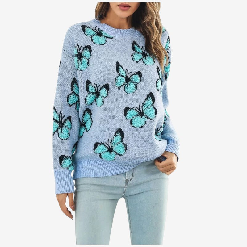 Mila – Maglione a maniche lunghe con scollo rotondo e ricamo a farfalla