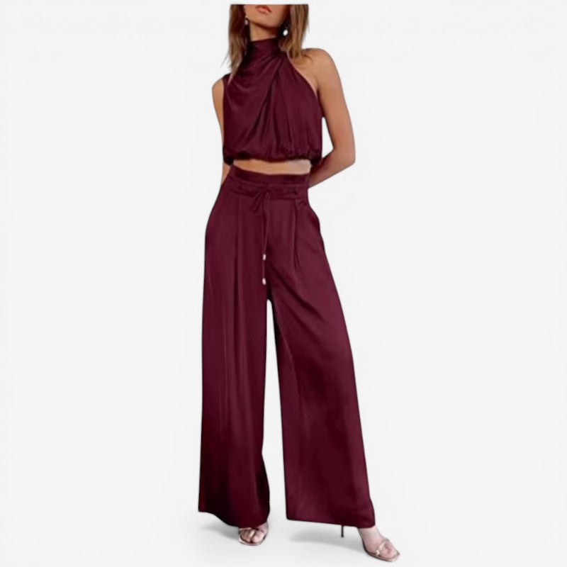 Set damă cu bluză cu guler înalt și pantaloni evazați