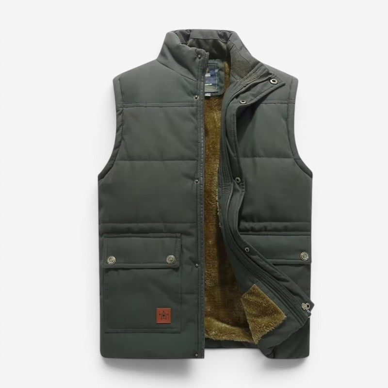 Men's Sleeveless Jacket with Button and Zip Closure