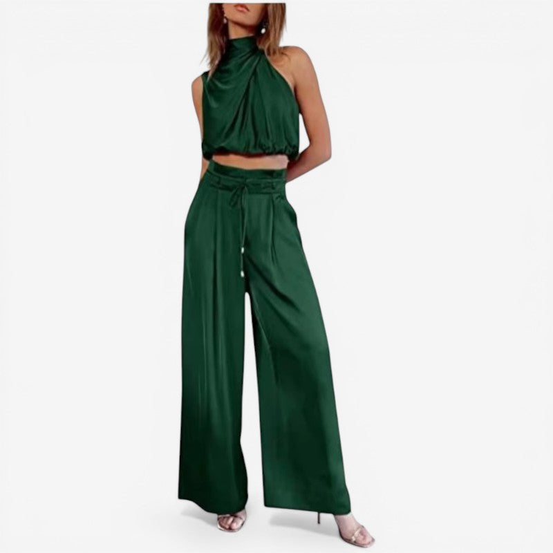 Set damă cu bluză cu guler înalt și pantaloni evazați