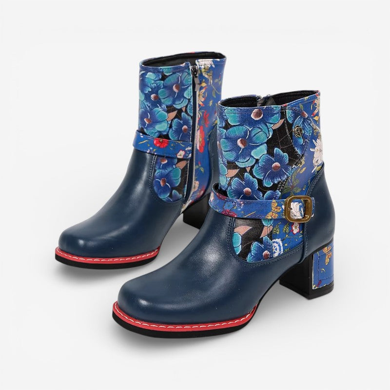 Salyra - Women's Salyra Ankle Boots | Round Toe, Floral Print, PU | Side Zip & Buckle Closure | 36–43