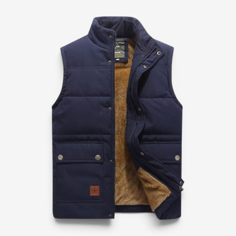 Men's Sleeveless Jacket with Button and Zip Closure