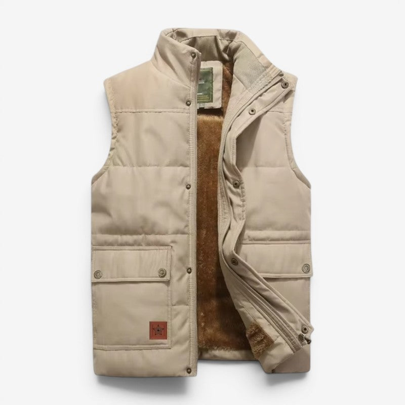 Men's Sleeveless Jacket with Button and Zip Closure