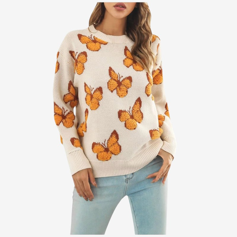 Mila – Maglione a maniche lunghe con scollo rotondo e ricamo a farfalla