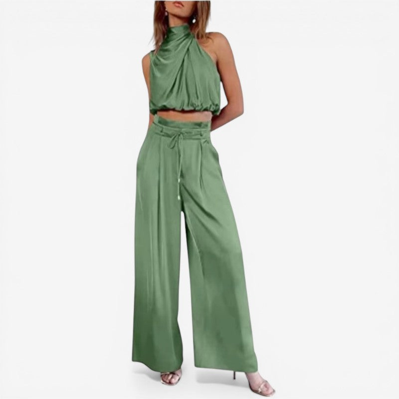 Set damă cu bluză cu guler înalt și pantaloni evazați