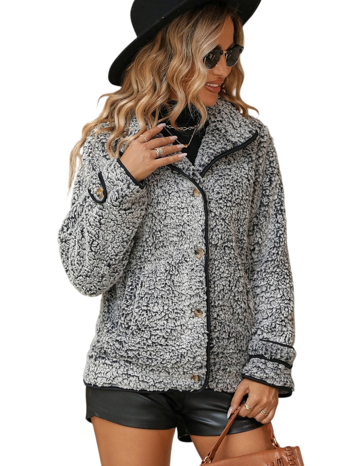 Yasmine - Stylish Textured Jacket with Front Button Closure and Contrasting Edges