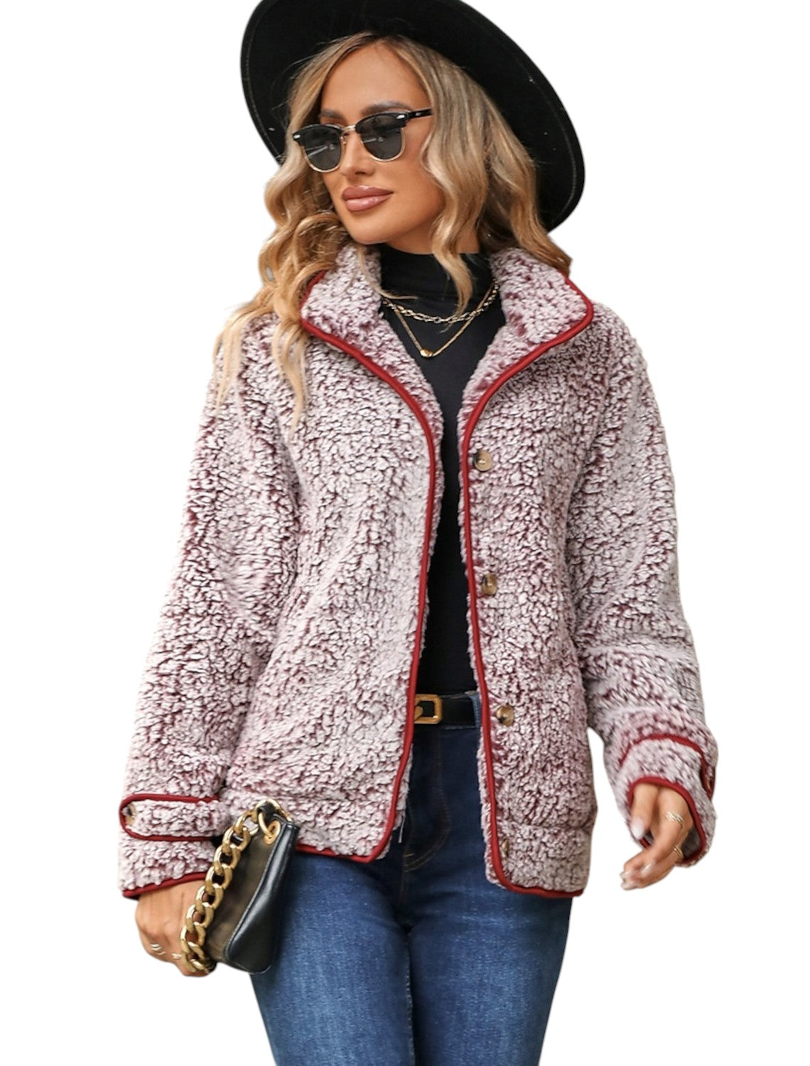Yasmine - Stylish Textured Jacket with Front Button Closure and Contrasting Edges