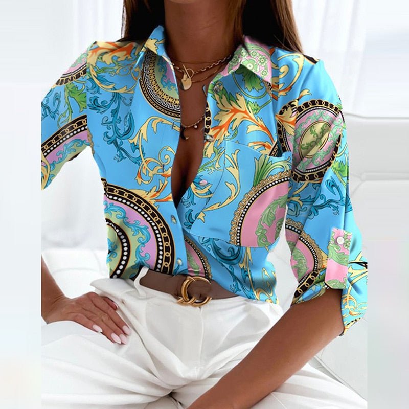 Sage - Blusa elegante stampata con colletto risvoltato